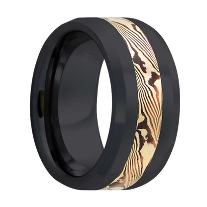 Alliance en or jaune 14 carats et incrustation de zirconium Shakudo Mokume Gane avec bords biseautés