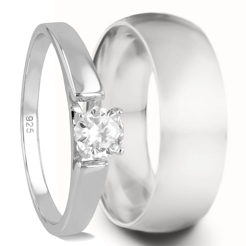 925 Sterling Silver Couple's Matching Wedding Band Set with Solitaire Cubic Zirconia