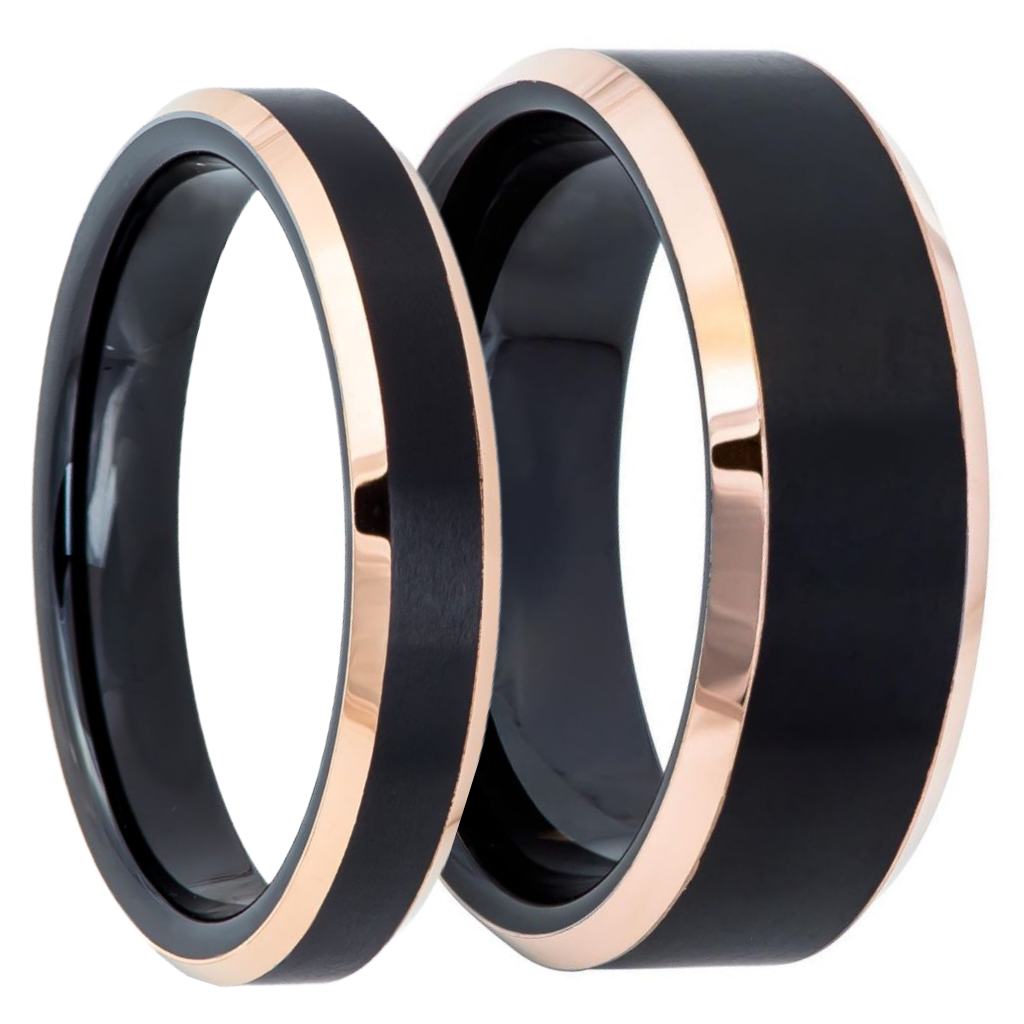Brushed Black Tungsten Couple's Matching Wedding Band Set with Rose Gold Edges