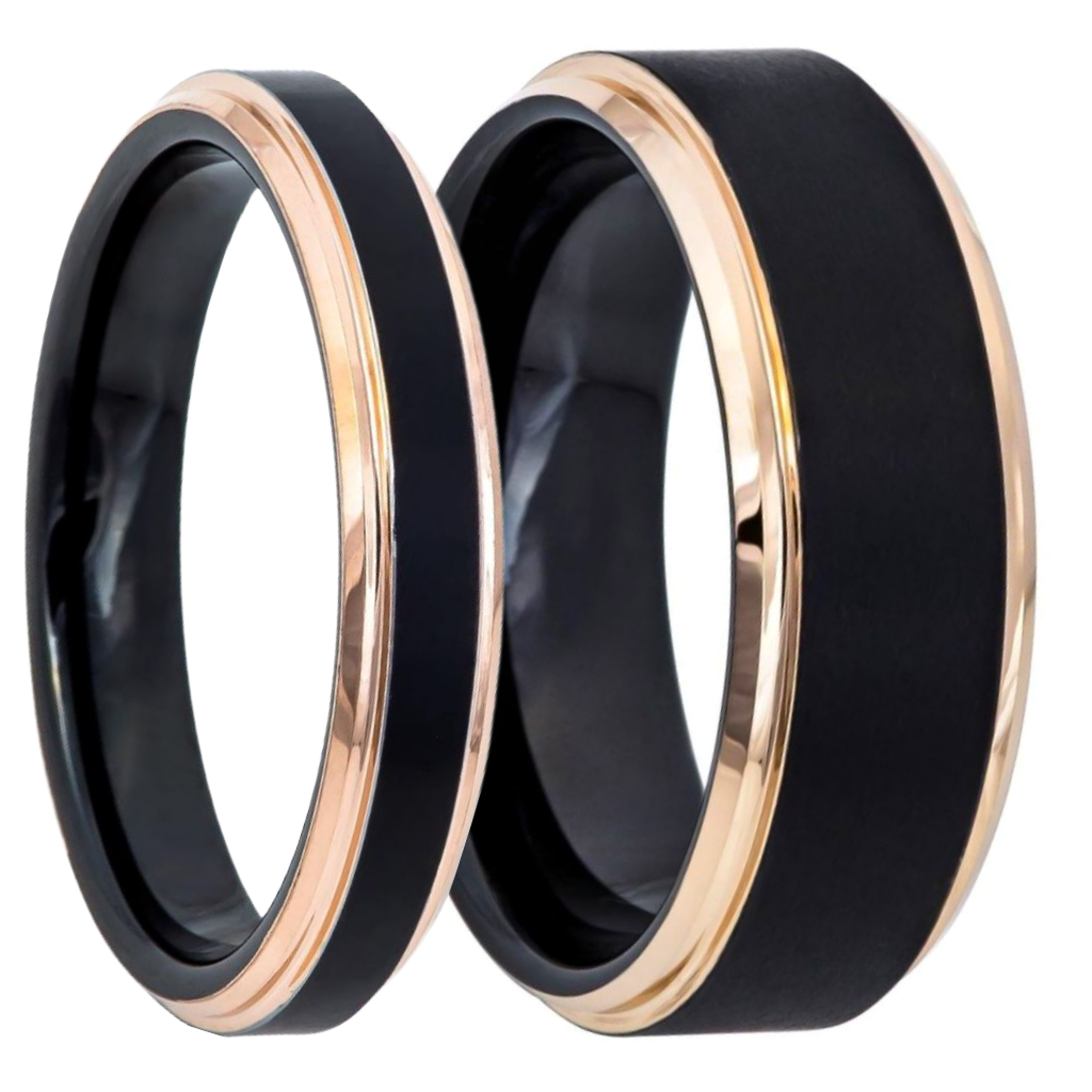 Brushed Black Tungsten Couple's Matching Wedding Band Set with Stepped Rose Gold Edges