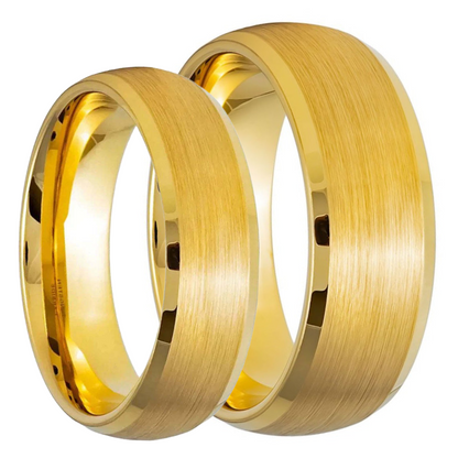Brushed Domed Gold Tungsten Couple's Matching Wedding Band Set with Polished Beveled Edges