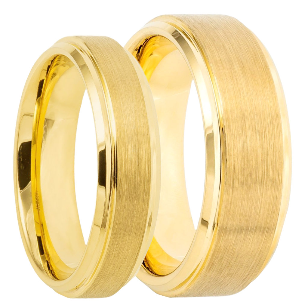 Brushed Gold Tungsten Couple's Matching Wedding Band Set with Stepped Edges