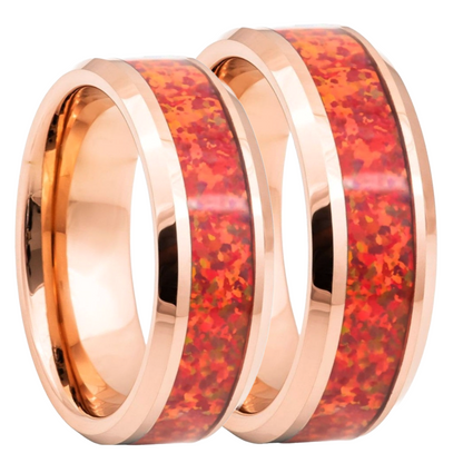 Opal Inlaid Rose Gold Tungsten Couple's Matching Wedding Band Set