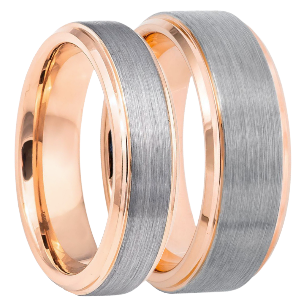 Brushed Tungsten Couple's Matching Wedding Band Set with Rose Gold Edges