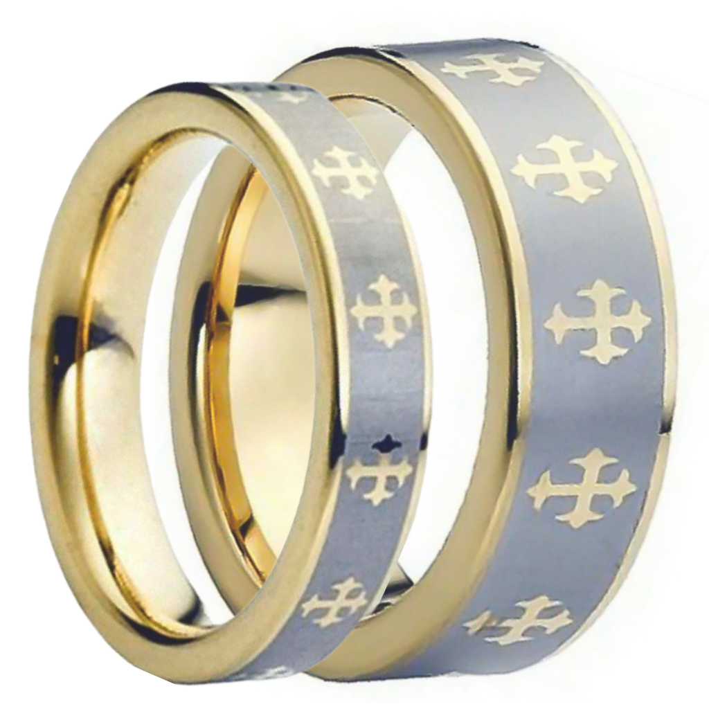 Gold Cross Pattern Engraved Tungsten Couple's Matching Wedding Band Set