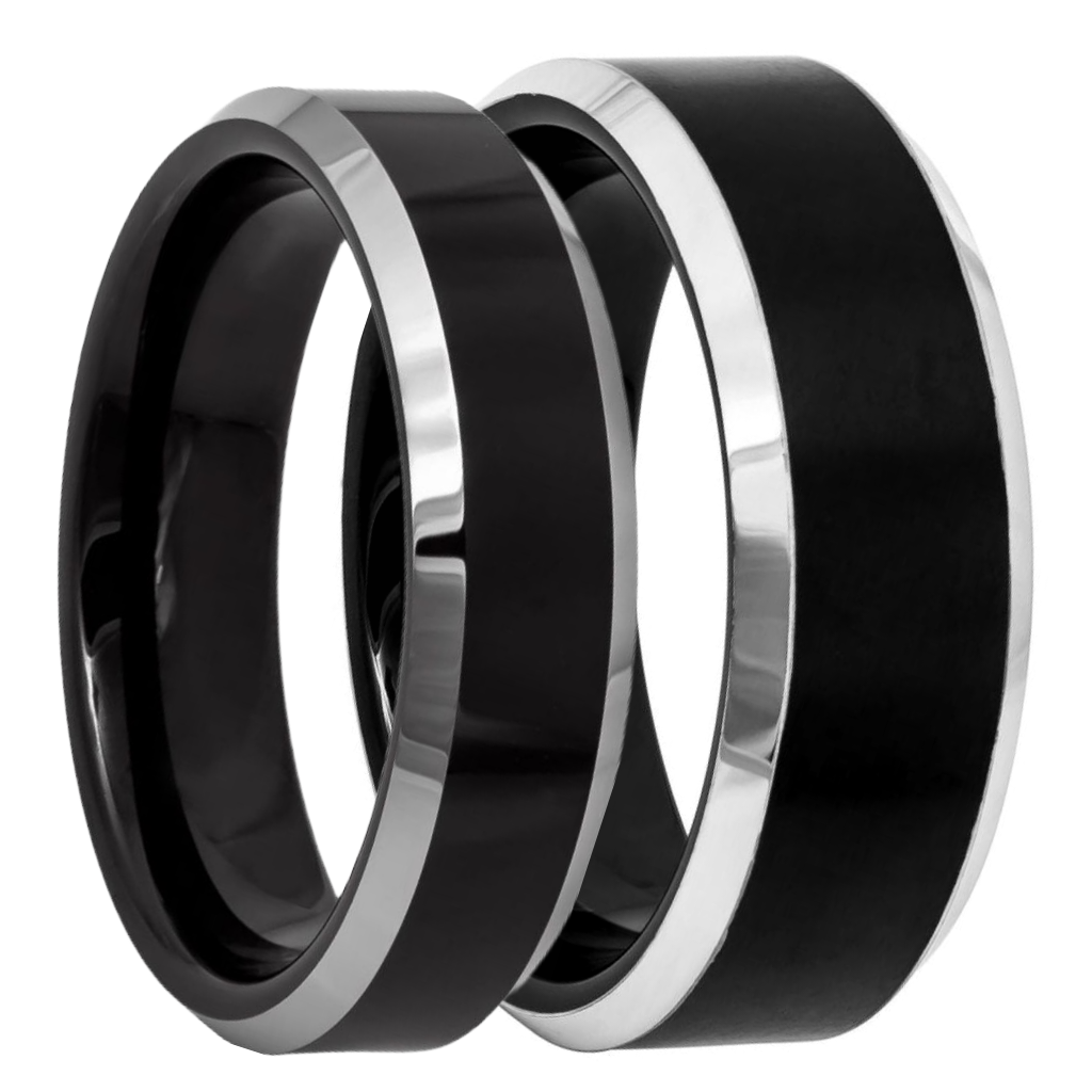 Black Tungsten Couple's Matching Wedding Band Set with Contrasting Silver Edges