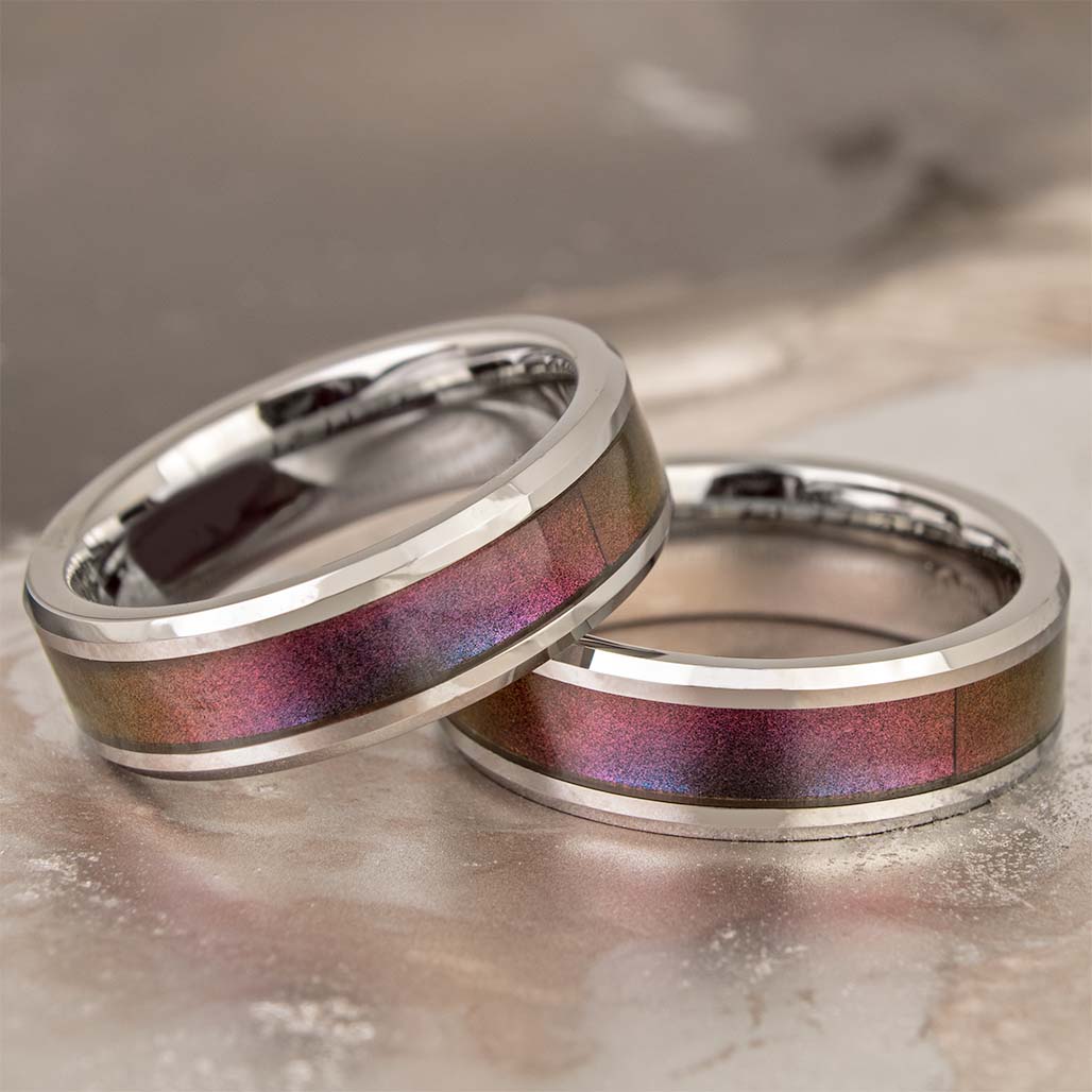 Blue & Purple Color Changing Inlaid Tungsten Couple's Matching Wedding Band Set