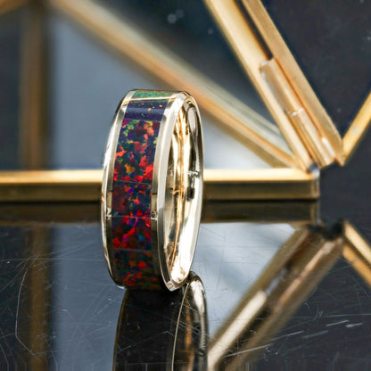 14k Gold Men's Wedding Band with Black & Red Opal Inlay