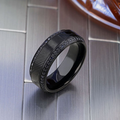 Black Titanium Men's Wedding Band with Damascus Steel Inlay & Black Sapphires