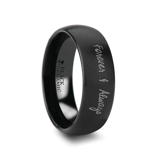 Custom Handwriting Engraved Domed Brushed Black Tungsten Women's Ring