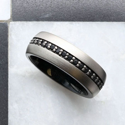 Gunmetal Tungsten Men's Wedding Band with Black Sapphires