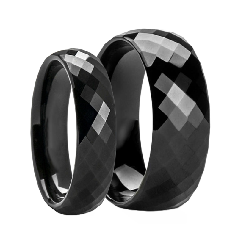 Diamond Faceted Black Tungsten Couple's Matching Wedding Band Set