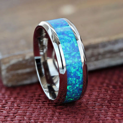 Tungsten Men's Wedding Band with Blue & Green Opal Inlay