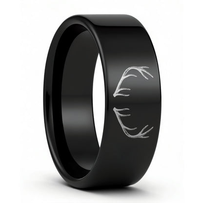 One Antler Engraved Black Tungsten Men's Wedding Band displayed on a plain white background