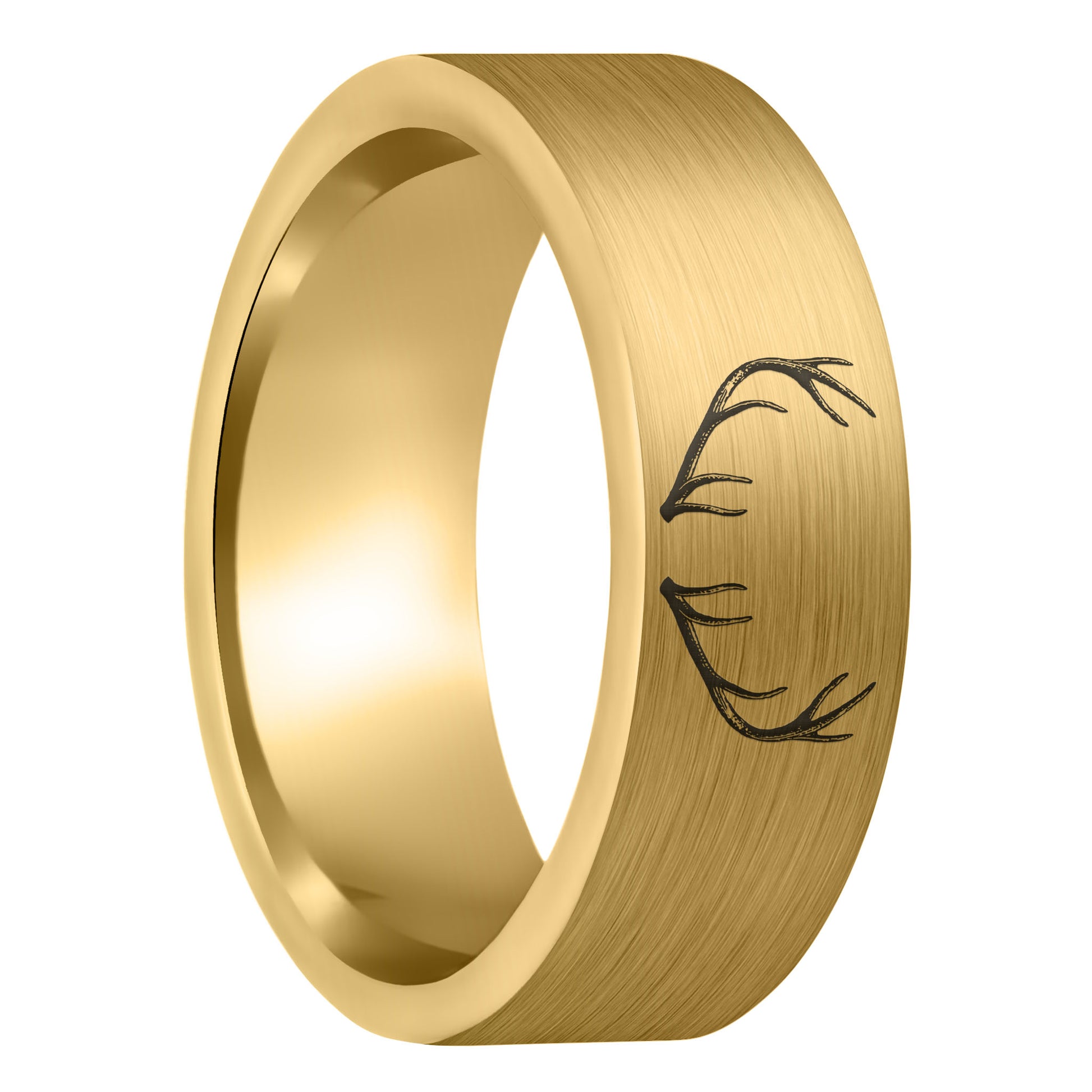 A antler engraved brushed gold tungsten men's wedding band displayed on a plain white background.
