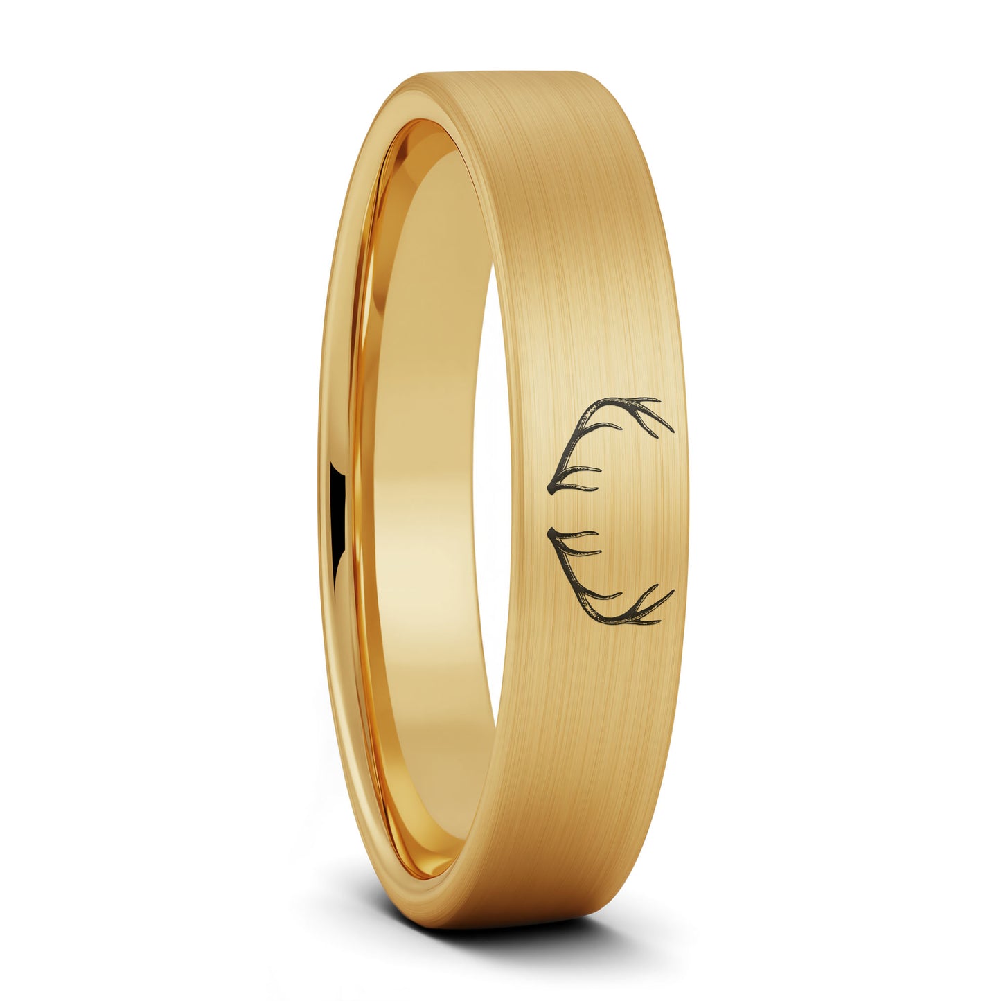 A antler engraved brushed gold tungsten tungsten women's wedding band displayed on a plain white background.