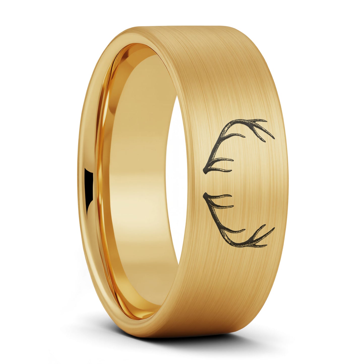 A antler engraved brushed gold tungsten men's wedding band displayed on a plain white background.