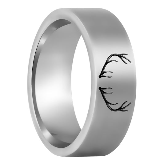 One Antler Engraved Tungsten Men's Wedding Band displayed on a plain white background