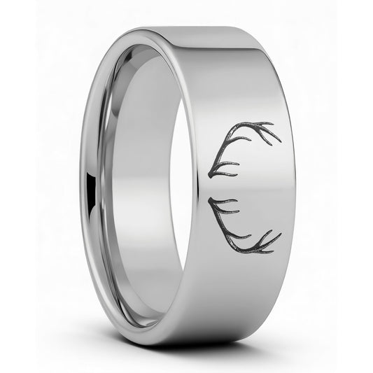 One Antler Engraved Tungsten Men's Wedding Band displayed on a plain white background