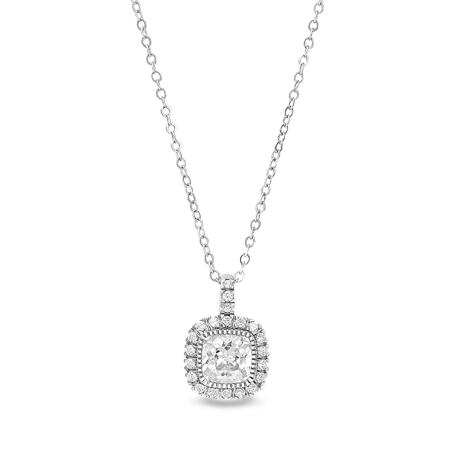 Cushion Cut Birthstone Halo Style Sterling Silver Necklace