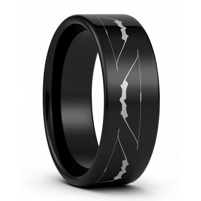 One Archery Bow Black Tungsten Men's Wedding Band displayed on a plain white background