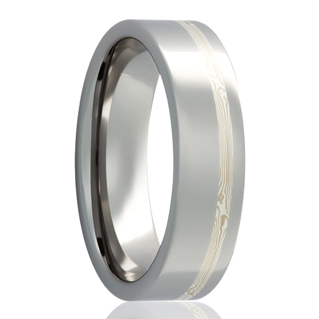 14k White Gold & Sterling Silver Mokume Gane Inlay Tungsten Wedding Band