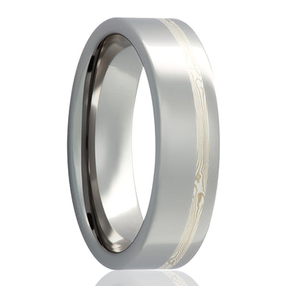 14k White Gold & Sterling Silver Mokume Gane Inlay Tungsten Wedding Band