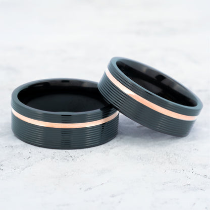 Asymmetrical Rose Gold Grooved Zirconium Couple's Matching Wedding Band Set