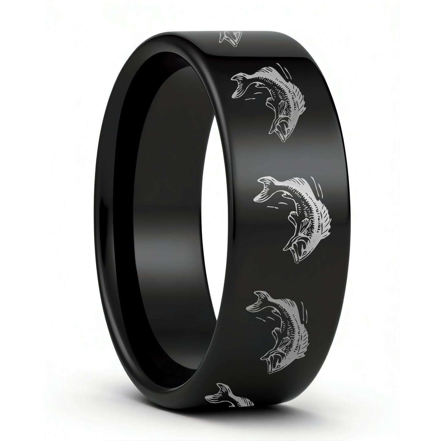 One Bass Fish Black Tungsten Men's Wedding Band displayed on a plain white background
