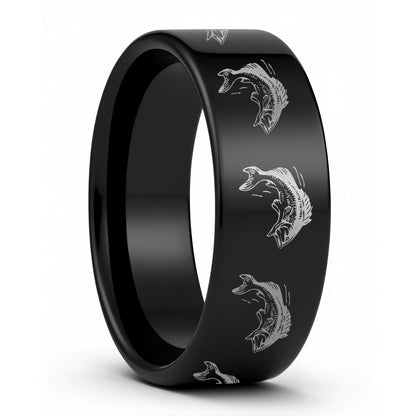 One Bass Fish Black Tungsten Men's Wedding Band displayed on a plain white background