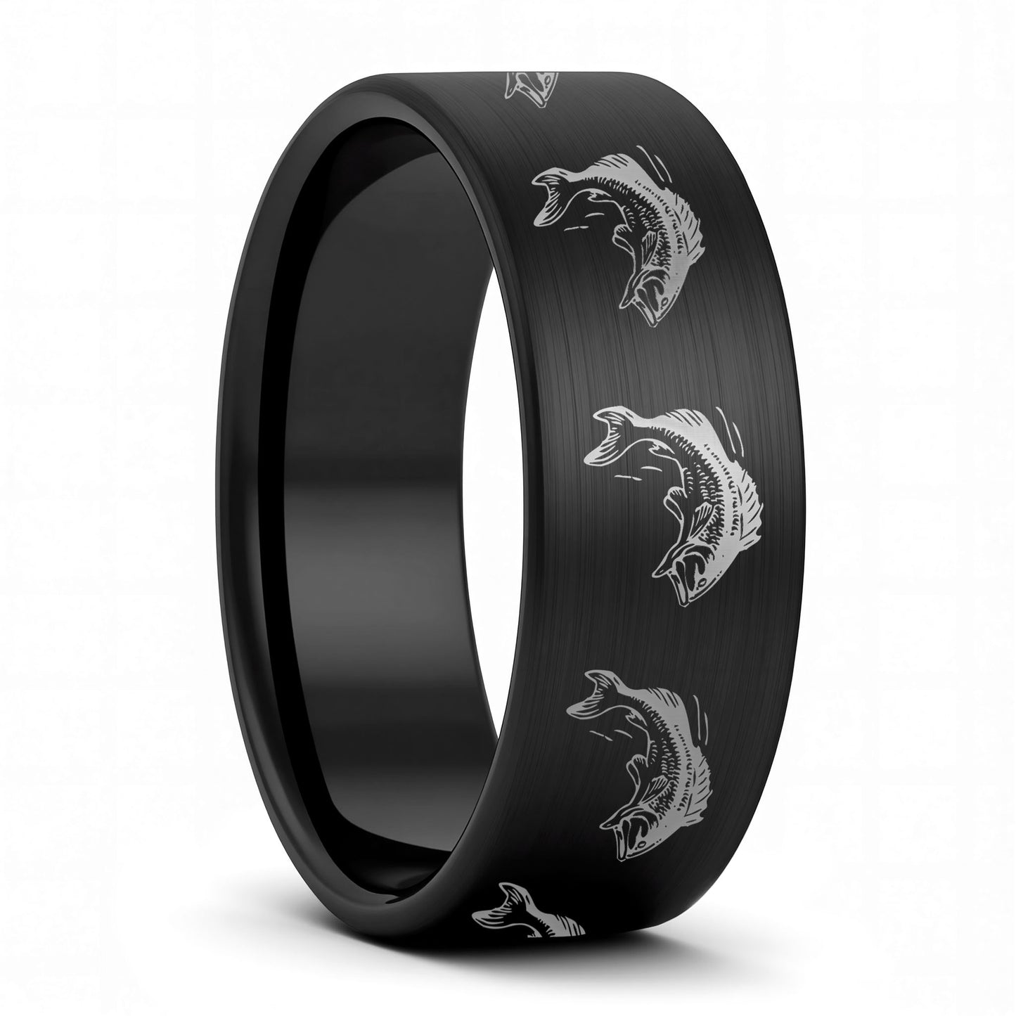 A bass fish brushed black tungsten men's wedding band displayed on a plain white background.