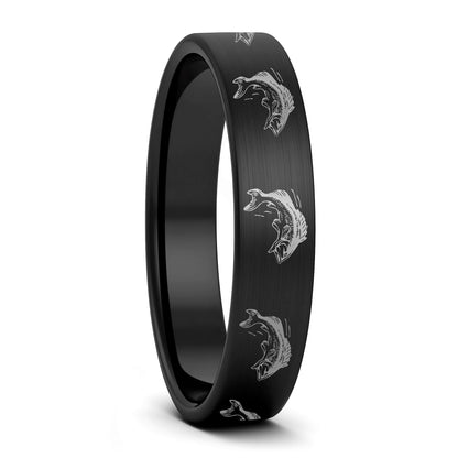 A bass fish brushed black tungsten women's wedding band displayed on a plain white background.