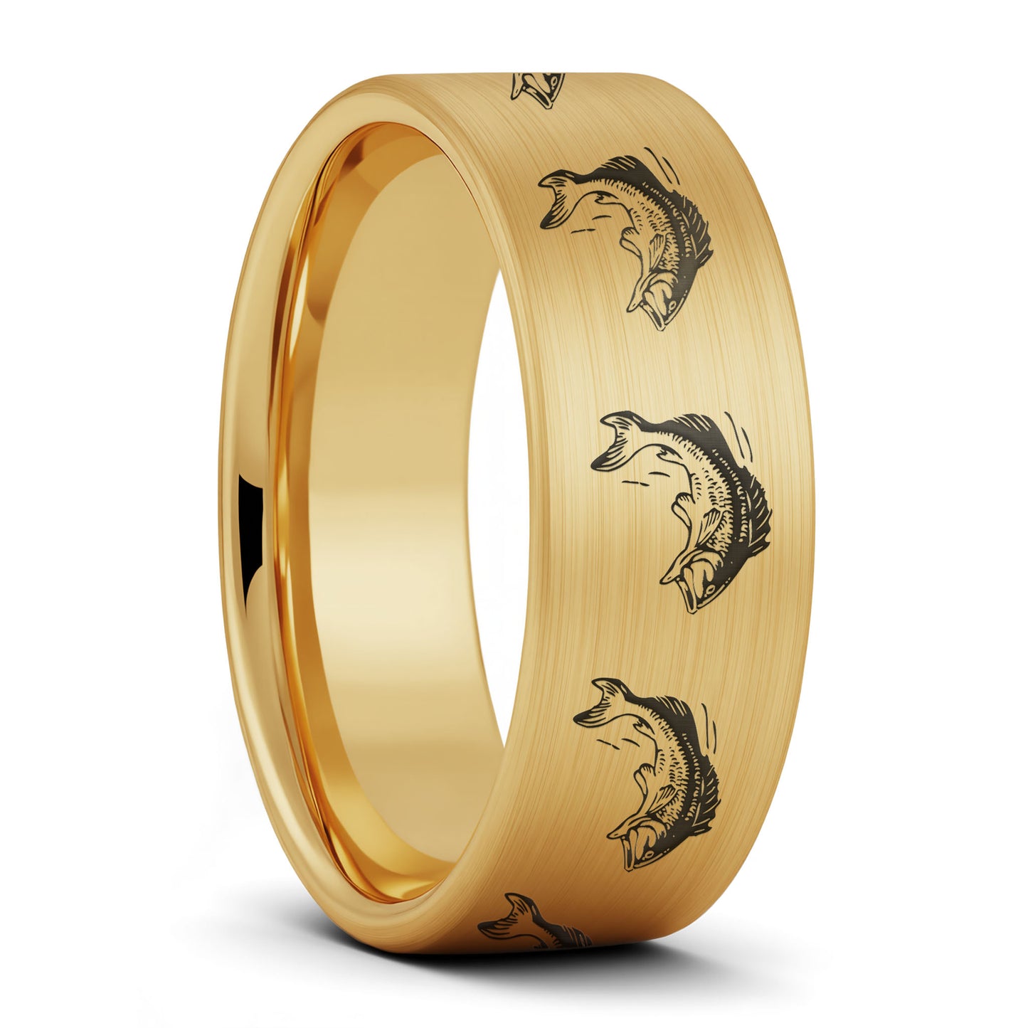 A bass fish brushed gold tungsten men's wedding band displayed on a plain white background.