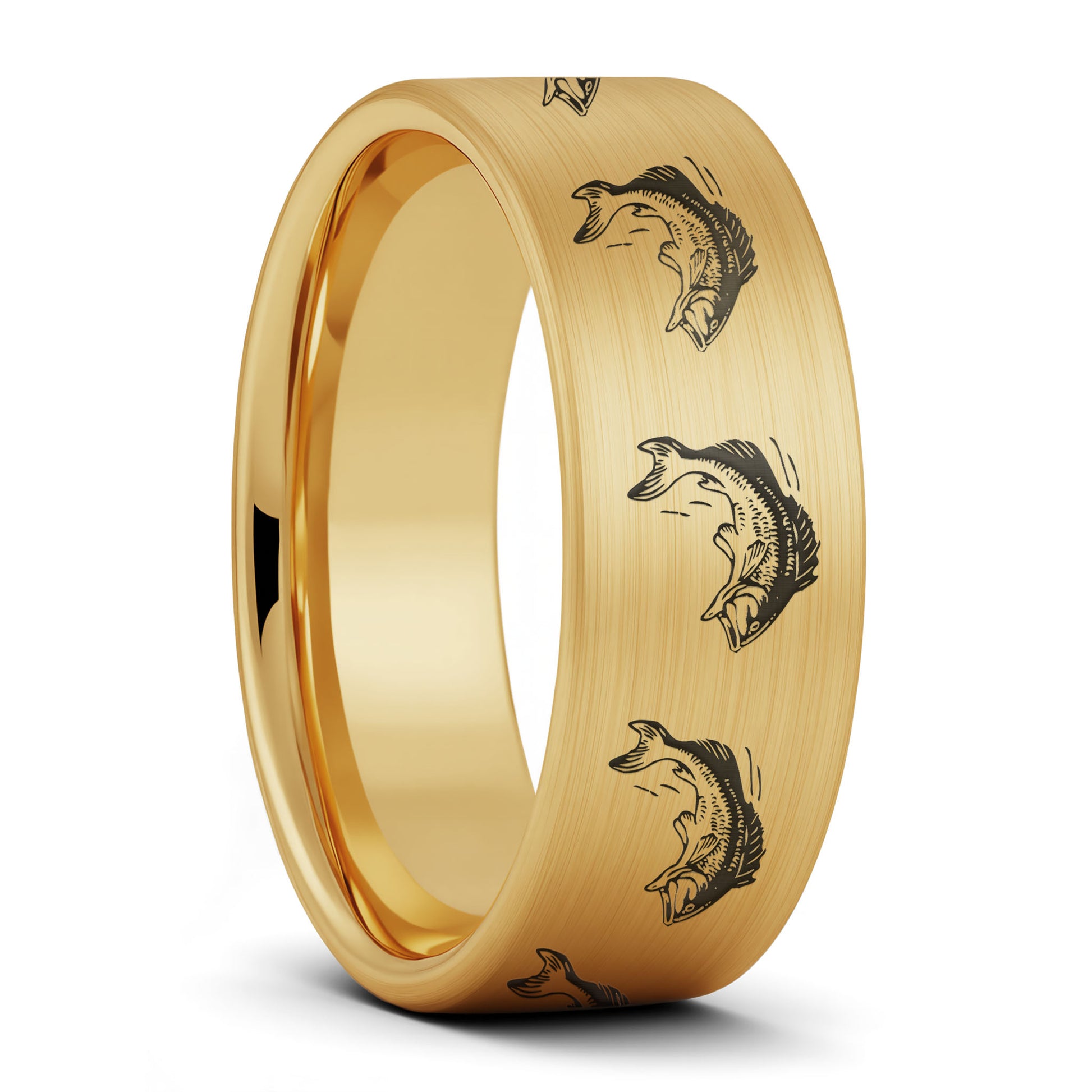 A bass fish brushed gold tungsten men's wedding band displayed on a plain white background.