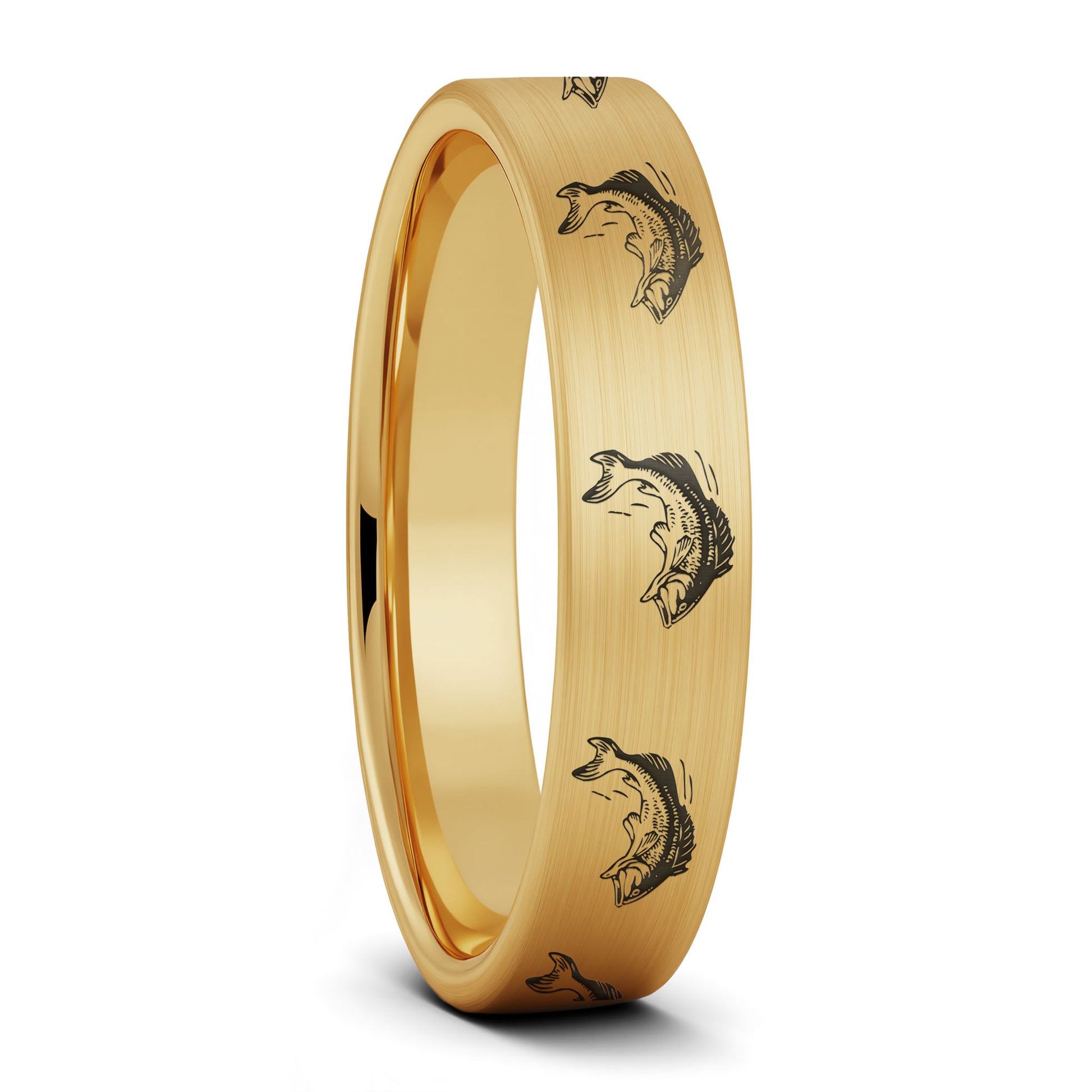 A bass fish brushed gold tungsten women's wedding band displayed on a plain white background.