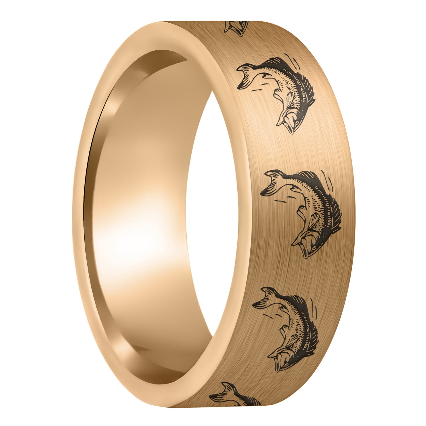 A bass fish brushed rose gold tungsten men's wedding band displayed on a plain white background.