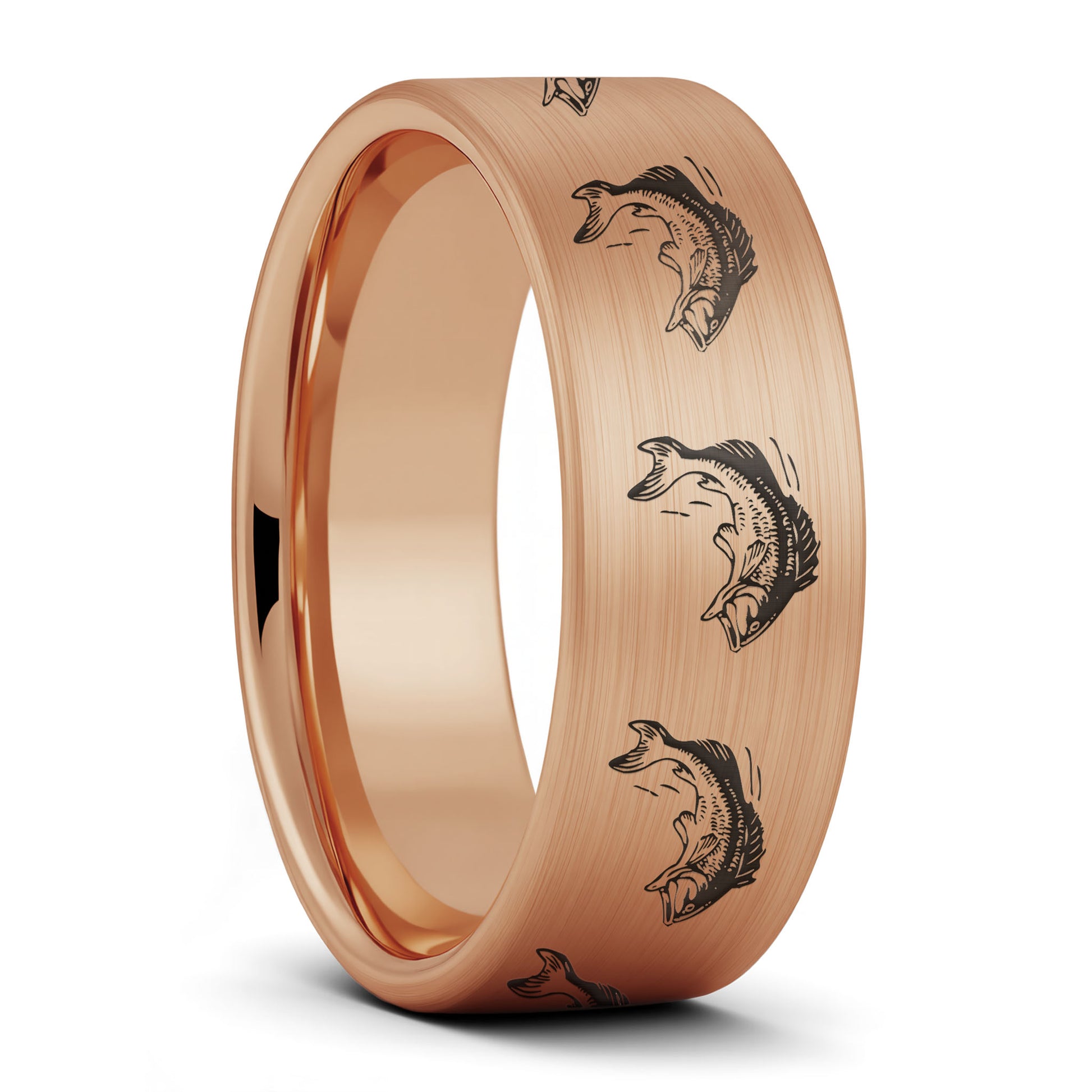 A bass fish brushed rose gold tungsten men's wedding band displayed on a plain white background.