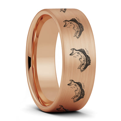A bass fish brushed rose gold tungsten men's wedding band displayed on a plain white background.