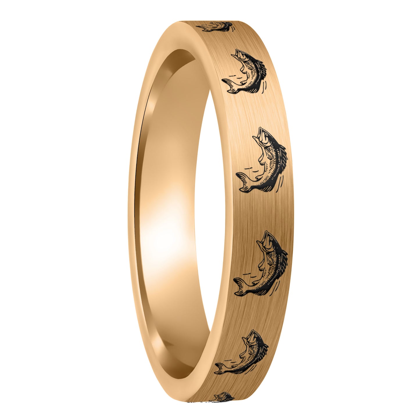 A bass fish brushed rose gold tungsten women's wedding band displayed on a plain white background.