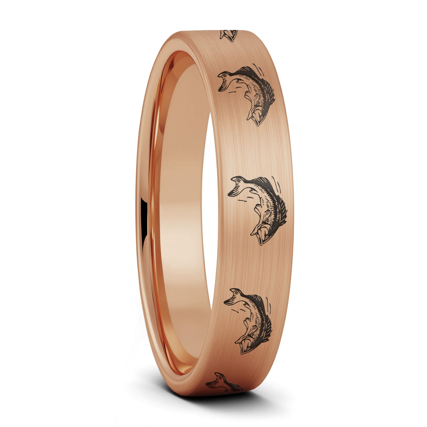 A bass fish brushed rose gold tungsten women's wedding band displayed on a plain white background.
