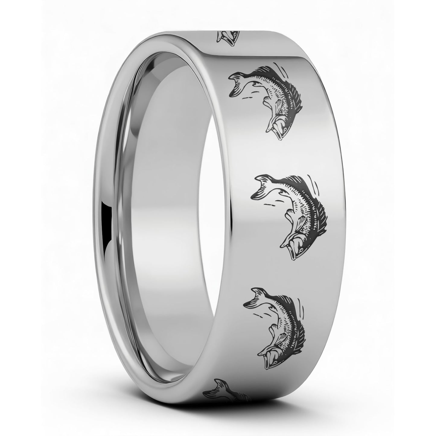 One Bass Fish Tungsten Men's Wedding Band displayed on a plain white background