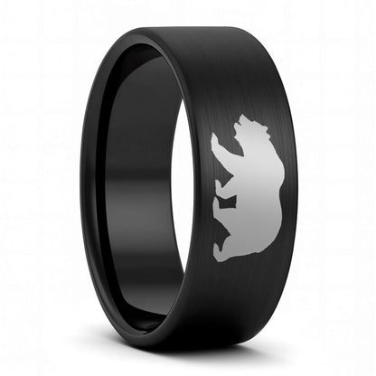 A bear brushed black tungsten men's wedding band displayed on a plain white background.