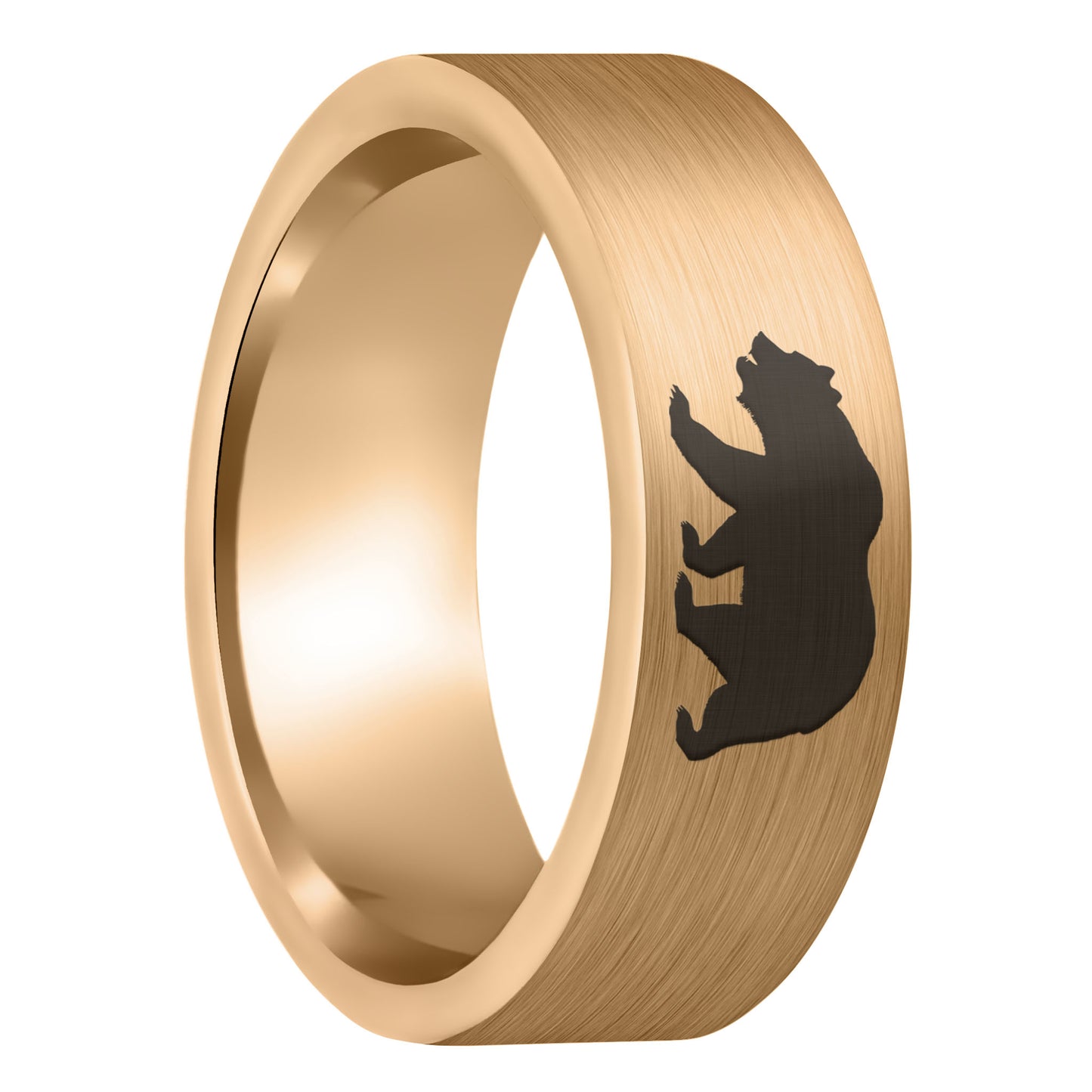 A bear brushed rose gold tungsten men's wedding band displayed on a plain white background.