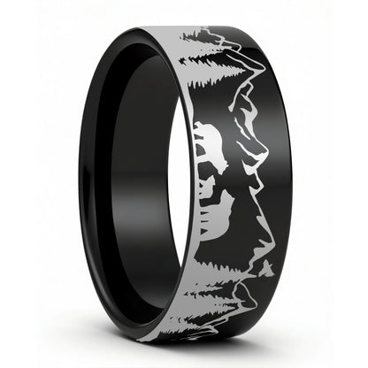 Bear & Cubs Landscape Scene Tungsten Men's Wedding Band