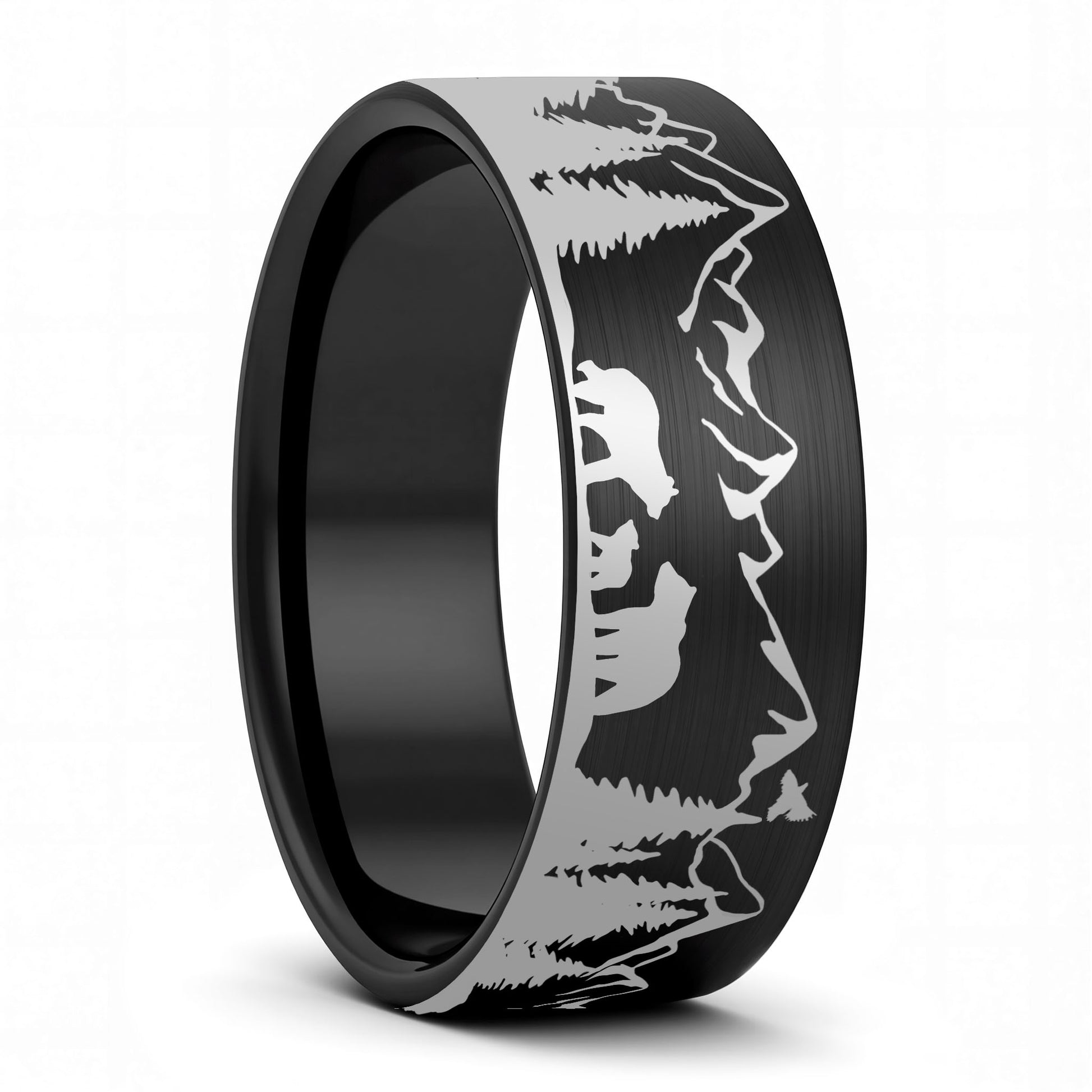 A bear cubs landscape scene brushed black tungsten men's wedding band displayed on a plain white background.