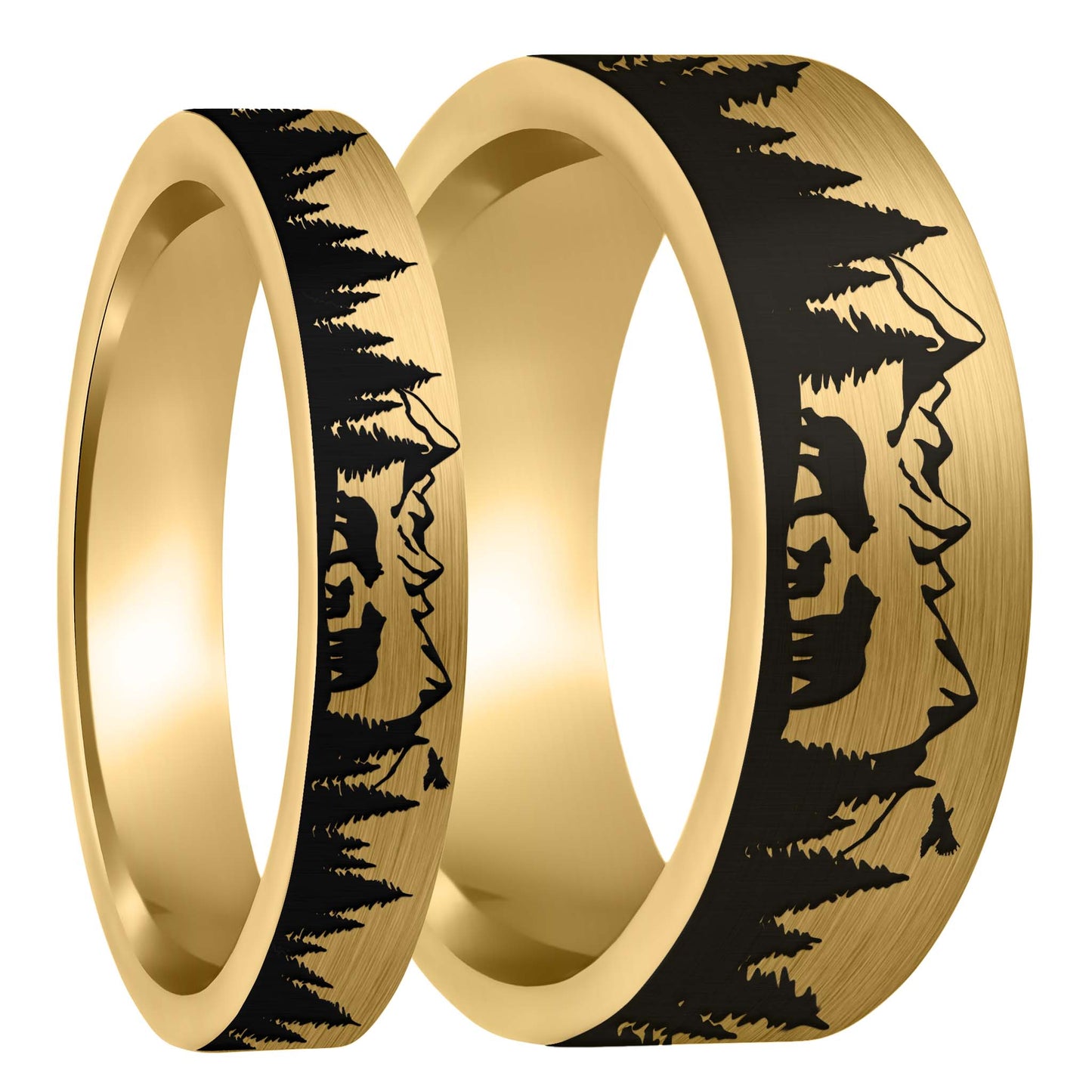 Bear & Cubs Landscape Scene Brushed Gold Tungsten Couple's Matching Wedding Band Set