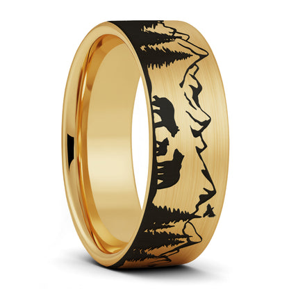 A bear & cubs landscape scene brushed gold tungsten men's wedding band displayed on a plain white background.