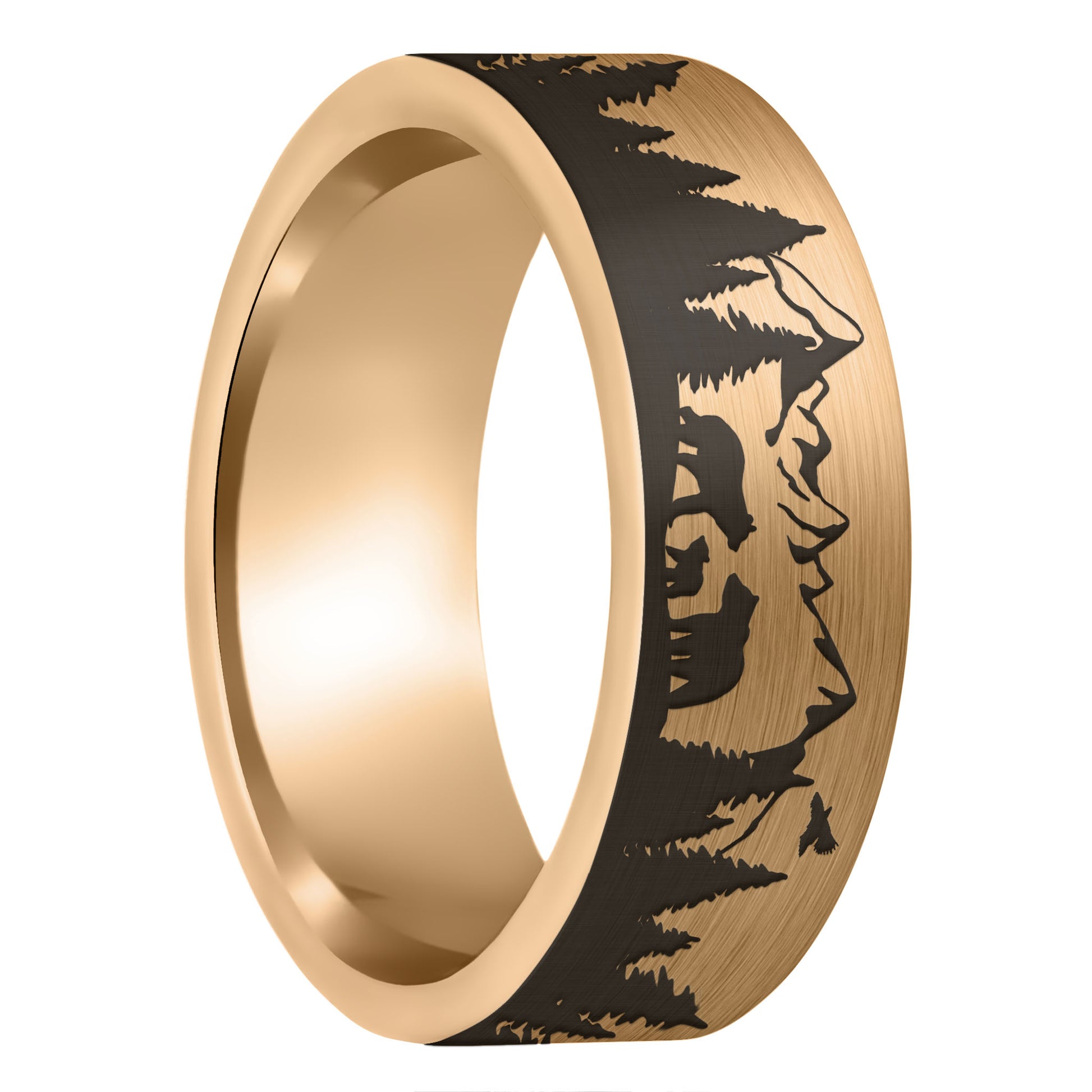 A bear & cubs landscape scene brushed rose gold tungsten men's wedding band displayed on a plain white background.