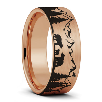 A bear & cubs landscape scene brushed rose gold tungsten men's wedding band displayed on a plain white background.