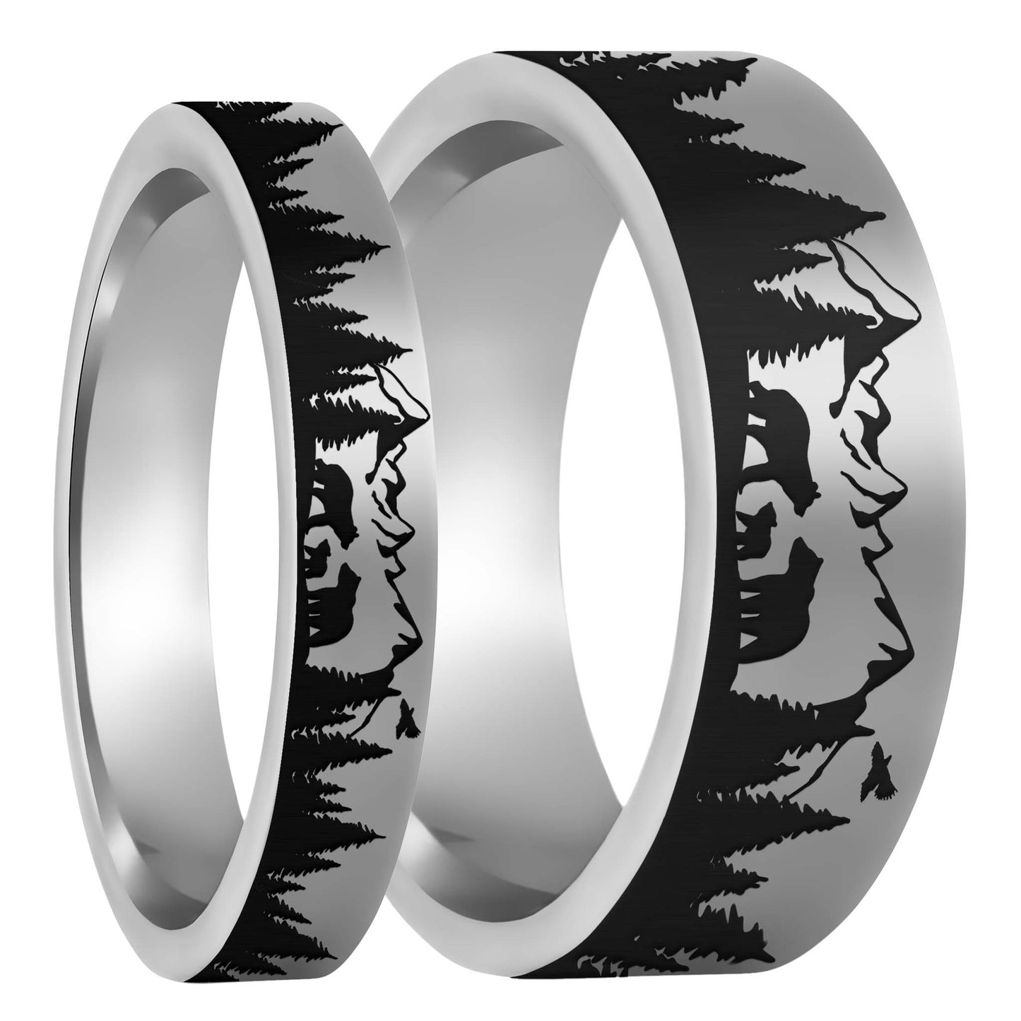 Ensemble d'alliances assorties pour couple en tungstène avec scène de paysage ours et oursons